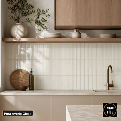 Pura Avorio Gloss subway tile installed as a kitchen backsplash