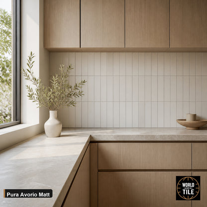Pura Avorio Matte subway tile installed as a kitchen backsplash