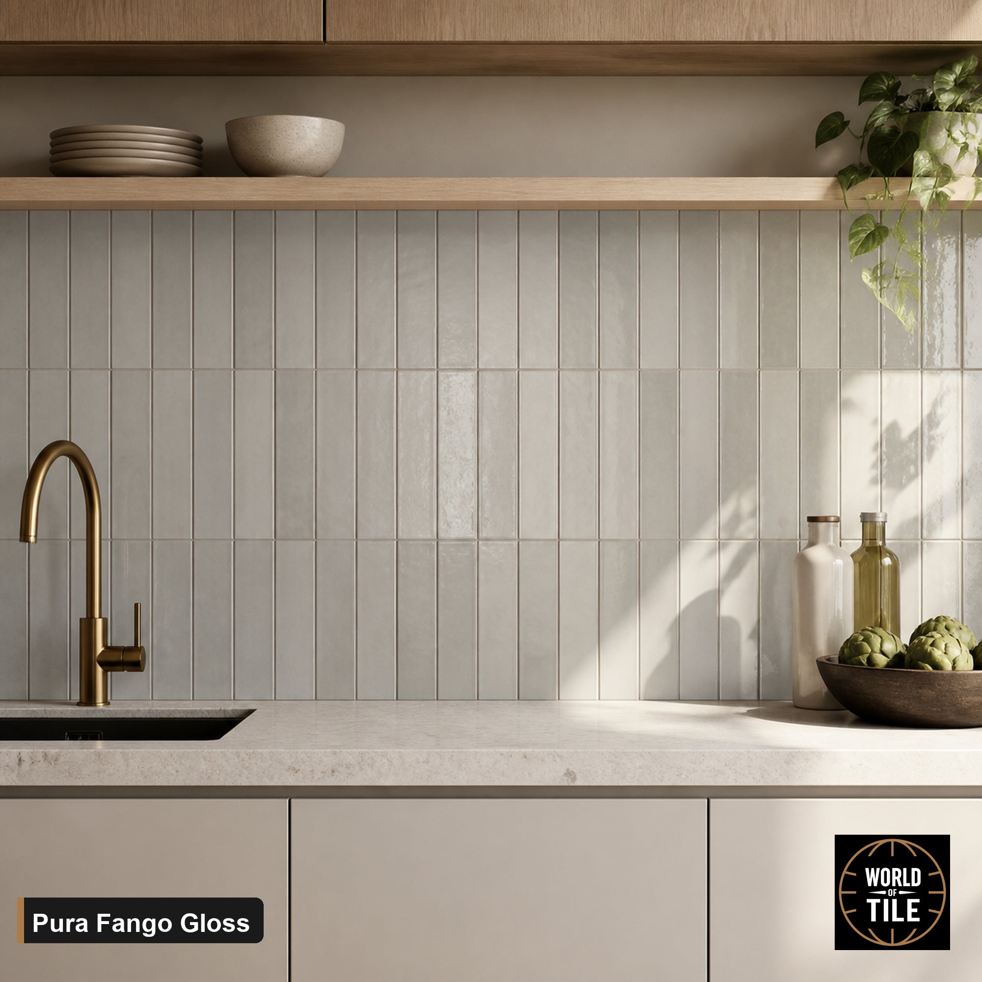 Pura Fango Gloss subway tile installed as a kitchen backsplash