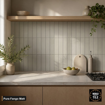 Pura Fango Matte subway tile installed as a kitchen backsplash