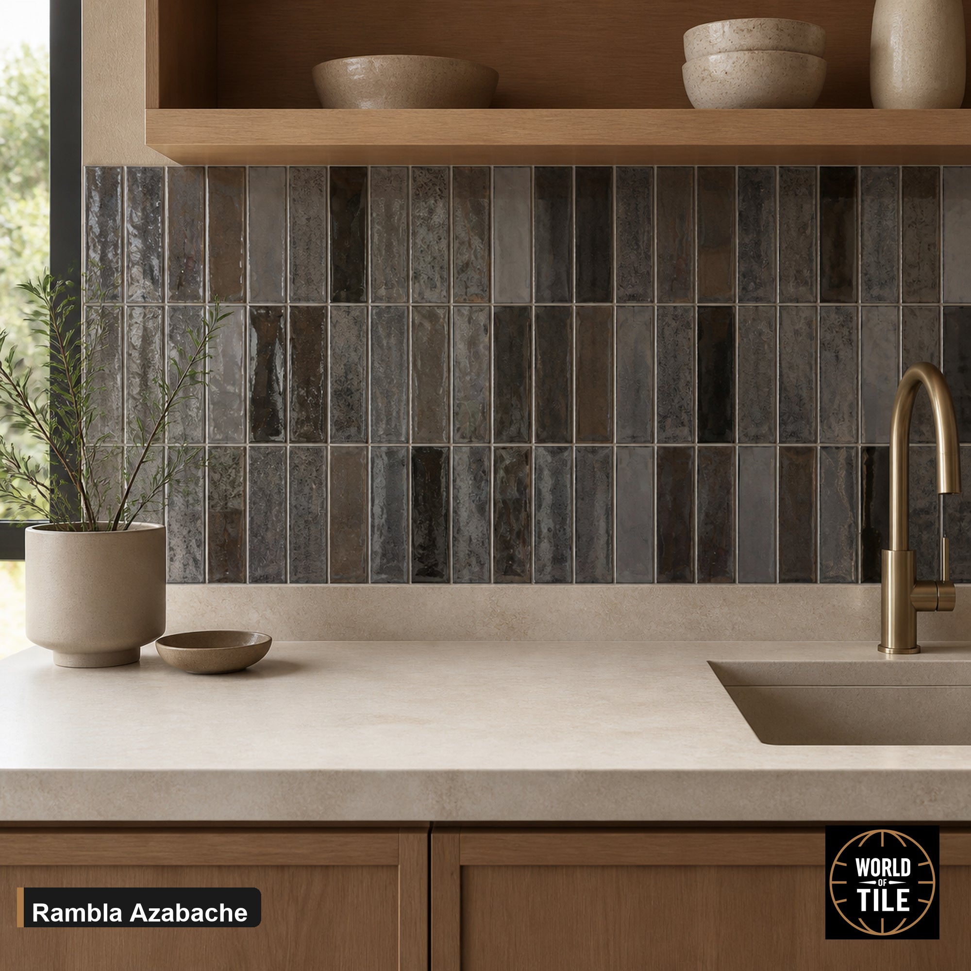 Rambla Azabache Gloss subway tile installed as a kitchen backsplash