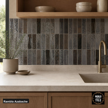 Rambla Azabache Gloss subway tile installed as a kitchen backsplash