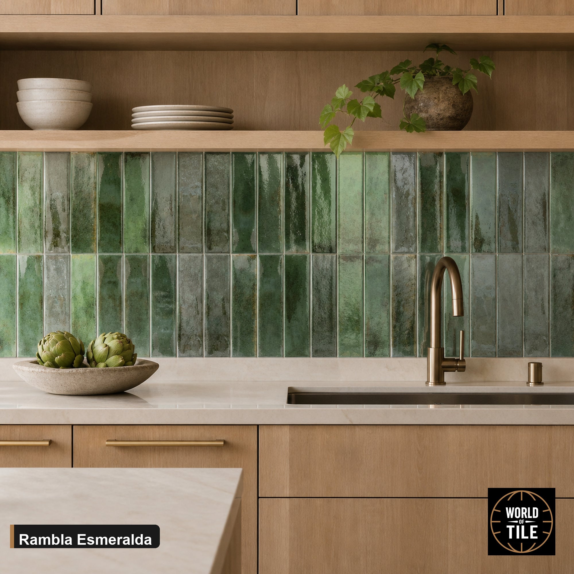 Rambla Esmeralda Gloss subway tile installed as a kitchen backsplash