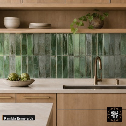 Rambla Esmeralda Gloss subway tile installed as a kitchen backsplash