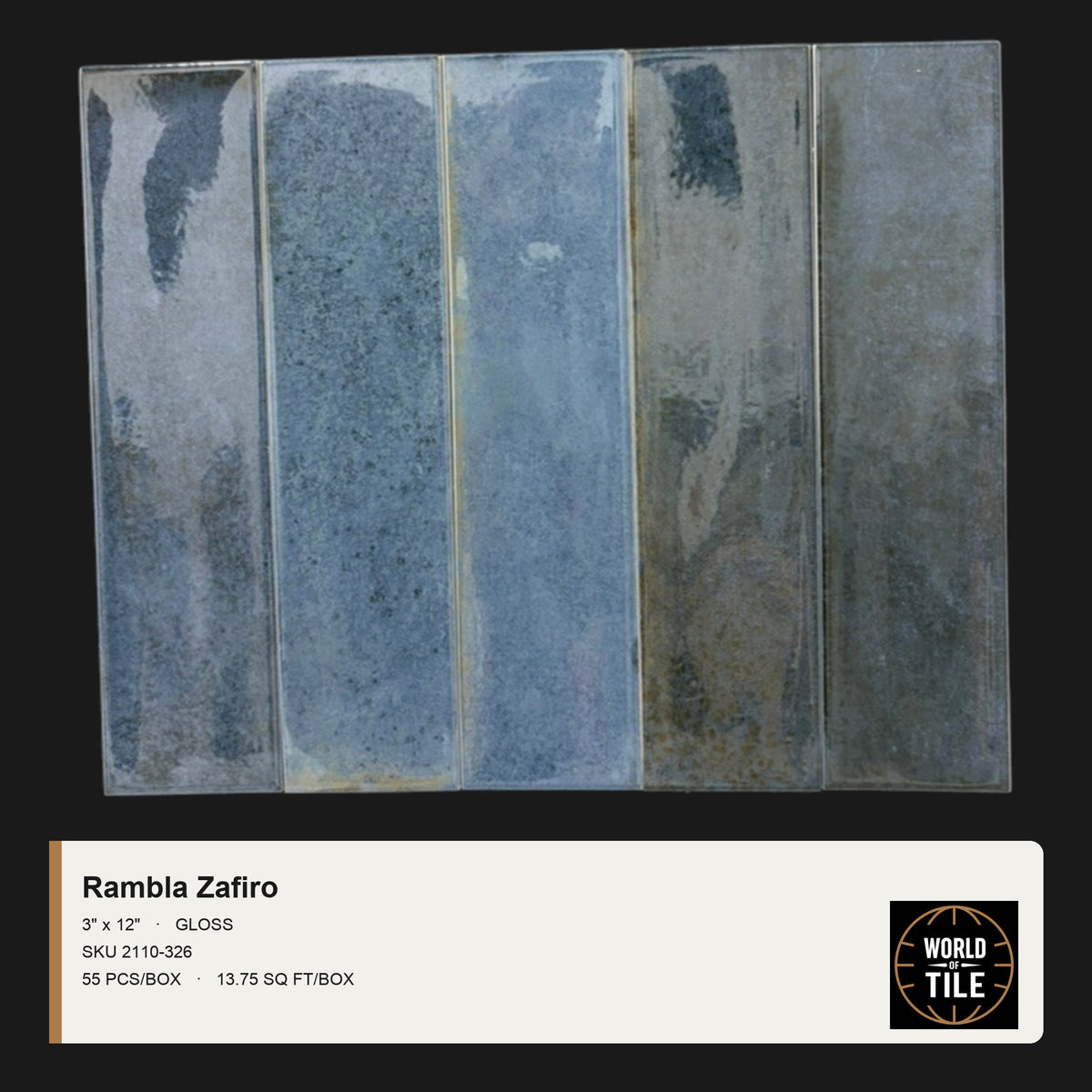 Rambla Zafiro Gloss 3" x 12" ceramic subway tile