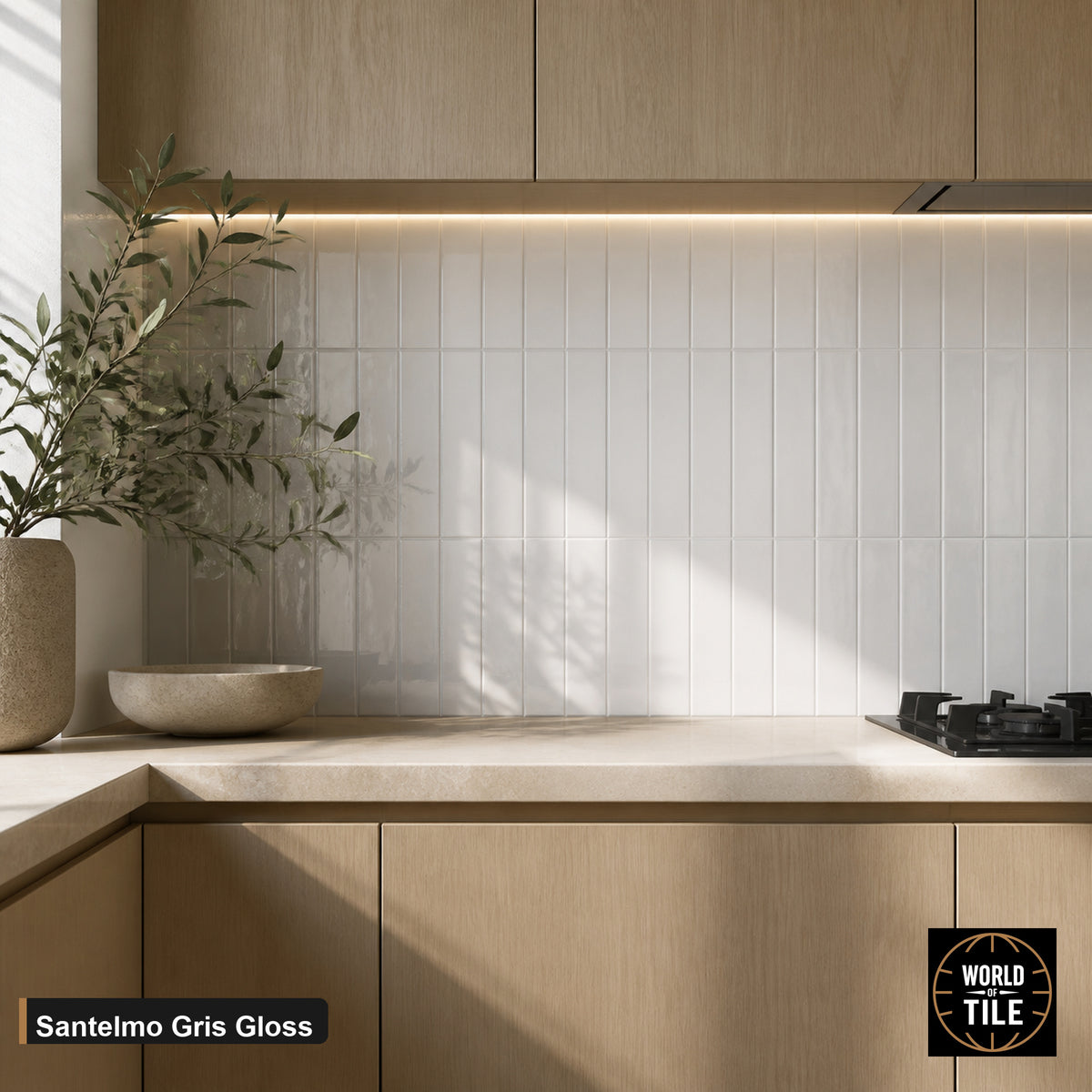 Santelmo Gris Gloss subway tile installed as a kitchen backsplash