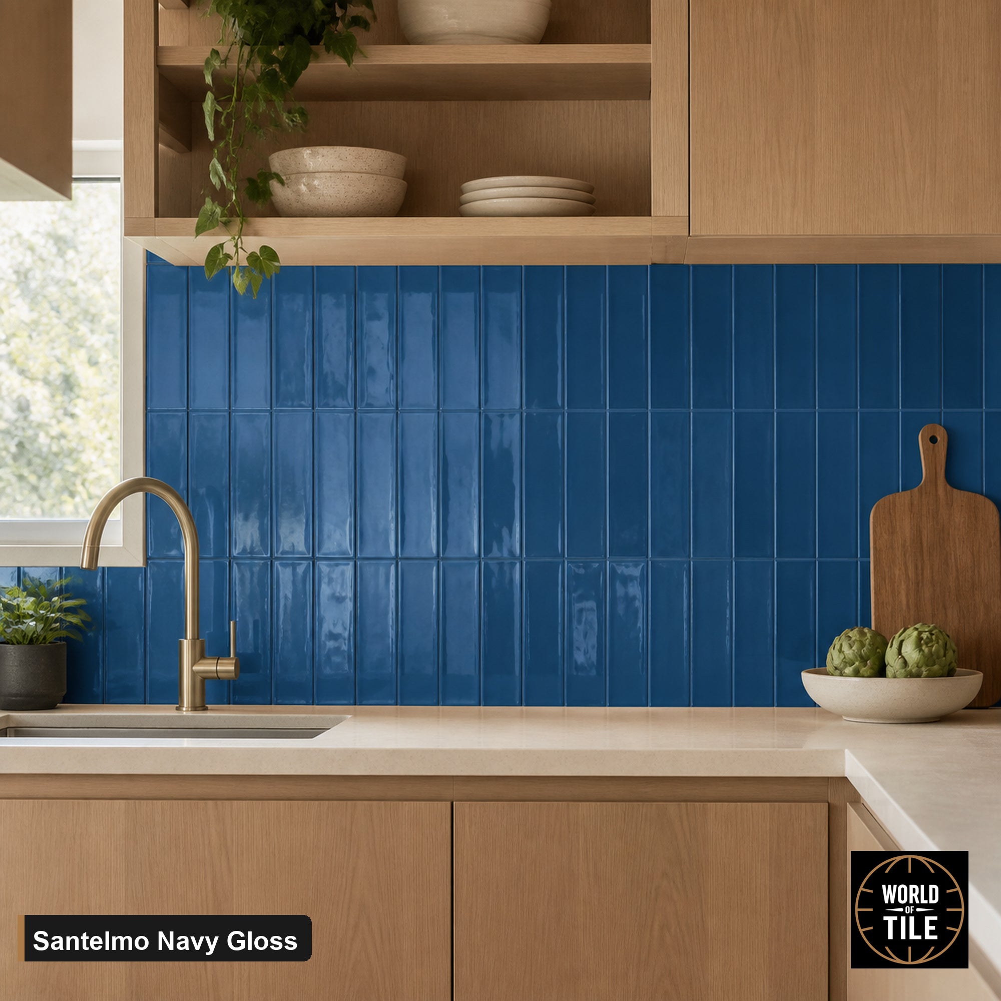 Santelmo Navy Gloss subway tile installed as a kitchen backsplash