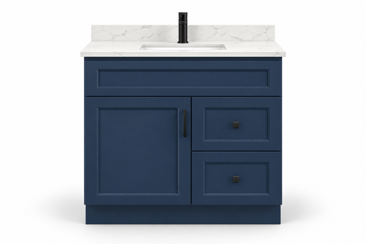 36 inch solid wood vanity, Blue finish, front hero