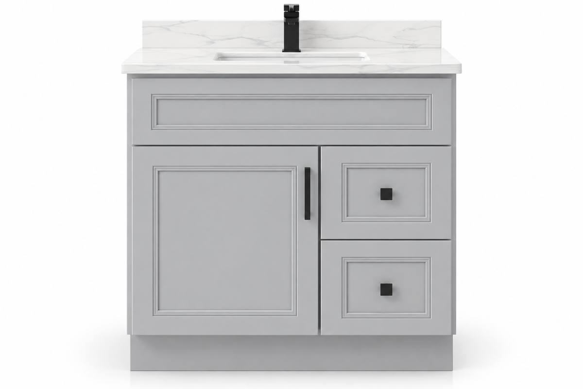 36 inch solid wood vanity, Double Shaker Grey finish, front hero