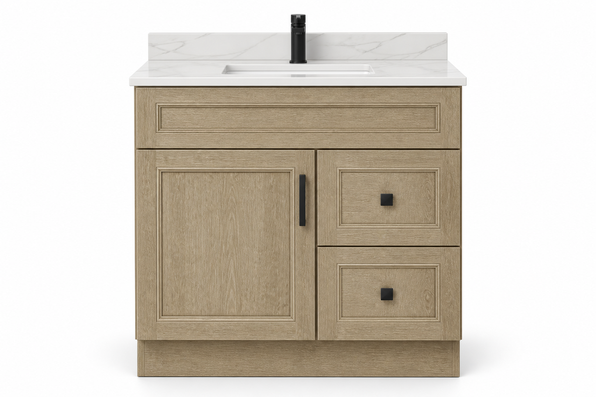 36 inch solid wood vanity, Natural Dark Shaker finish, front hero