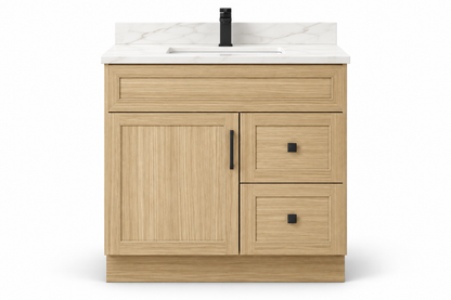 36 inch solid wood vanity, Natural Slim Shaker finish, front hero