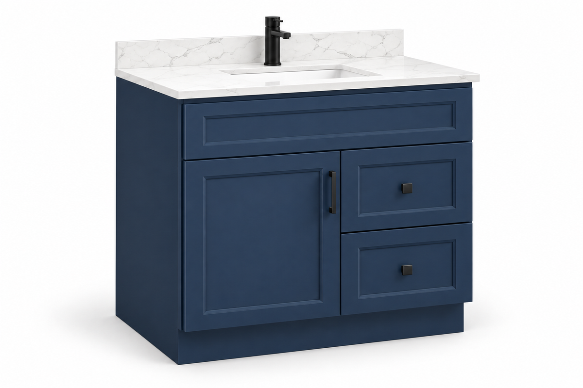 36 inch solid wood vanity, Blue finish, angled view