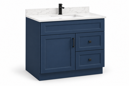 36 inch solid wood vanity, Blue finish, angled view