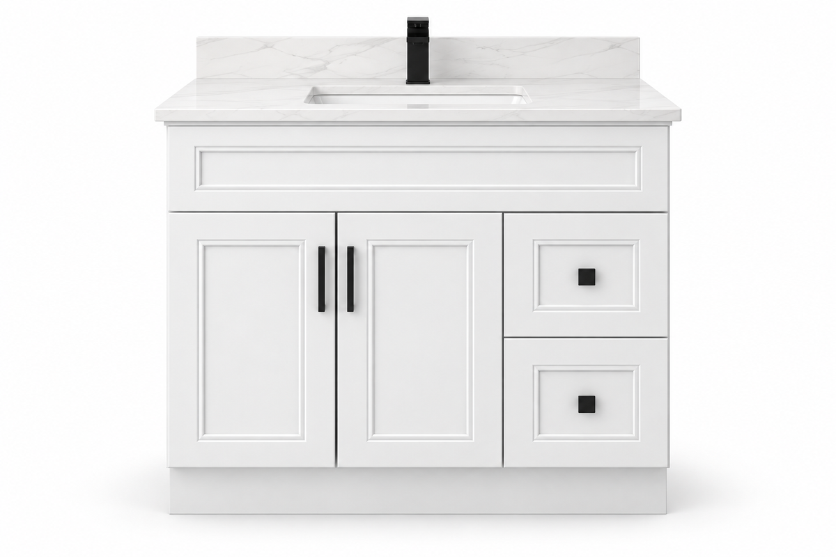 42 inch solid wood vanity, Double Shaker White finish, front hero
