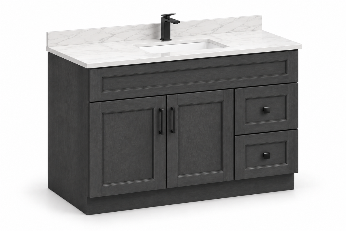 42 inch solid wood vanity, Dark Grey finish, angled view