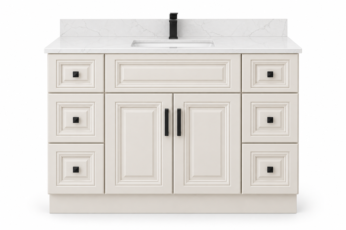 48 inch solid wood vanity, Ivory White Classic finish, front hero