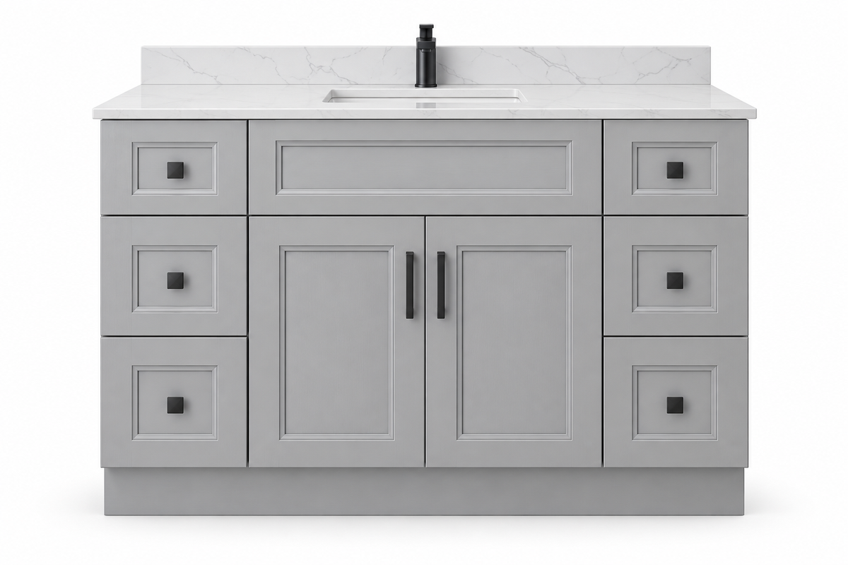 54 inch solid wood vanity, Double Shaker Grey finish, front hero