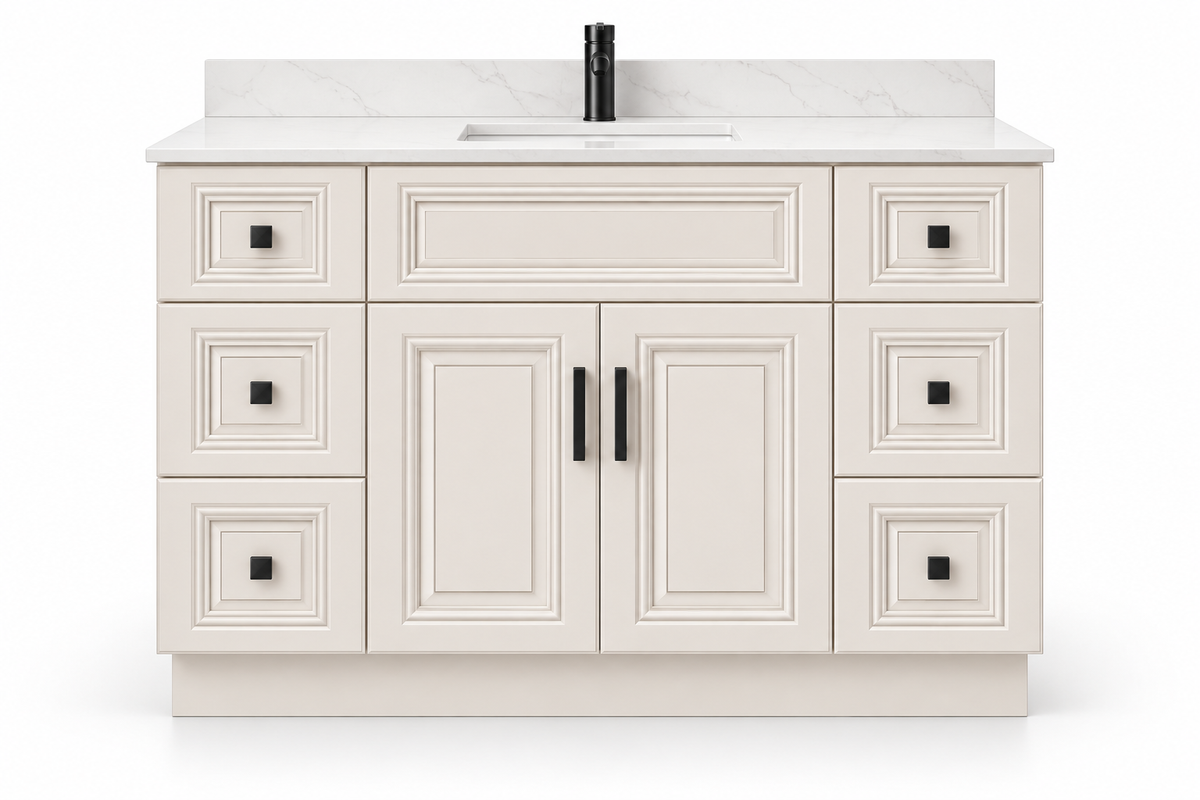 54 inch solid wood vanity, Ivory White Classic finish, front hero