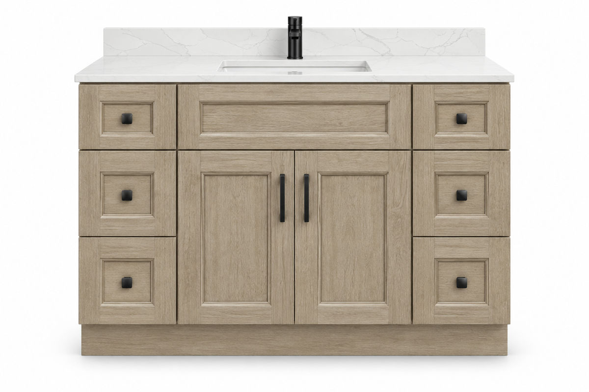 54 inch solid wood vanity, Natural Dark Shaker finish, front hero
