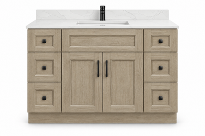 54 inch solid wood vanity, Natural Dark Shaker finish, front hero
