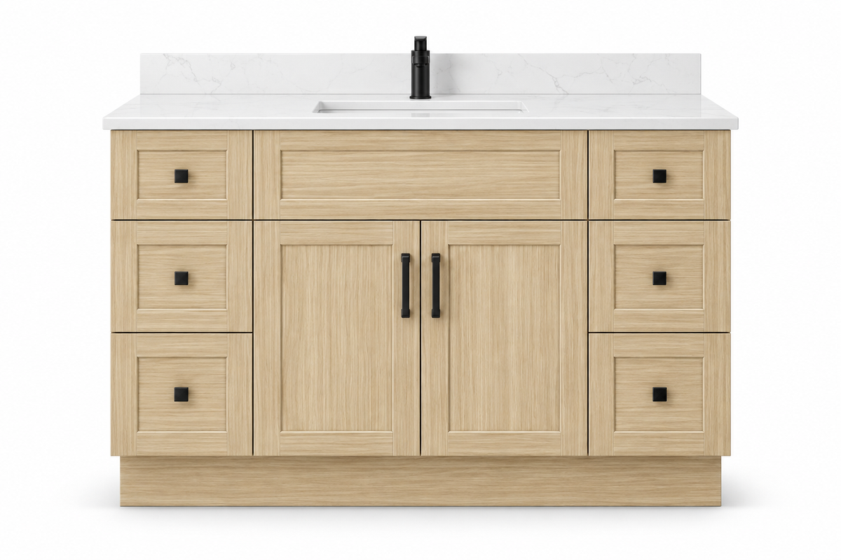 54 inch solid wood vanity, Natural Slim Shaker finish, front hero