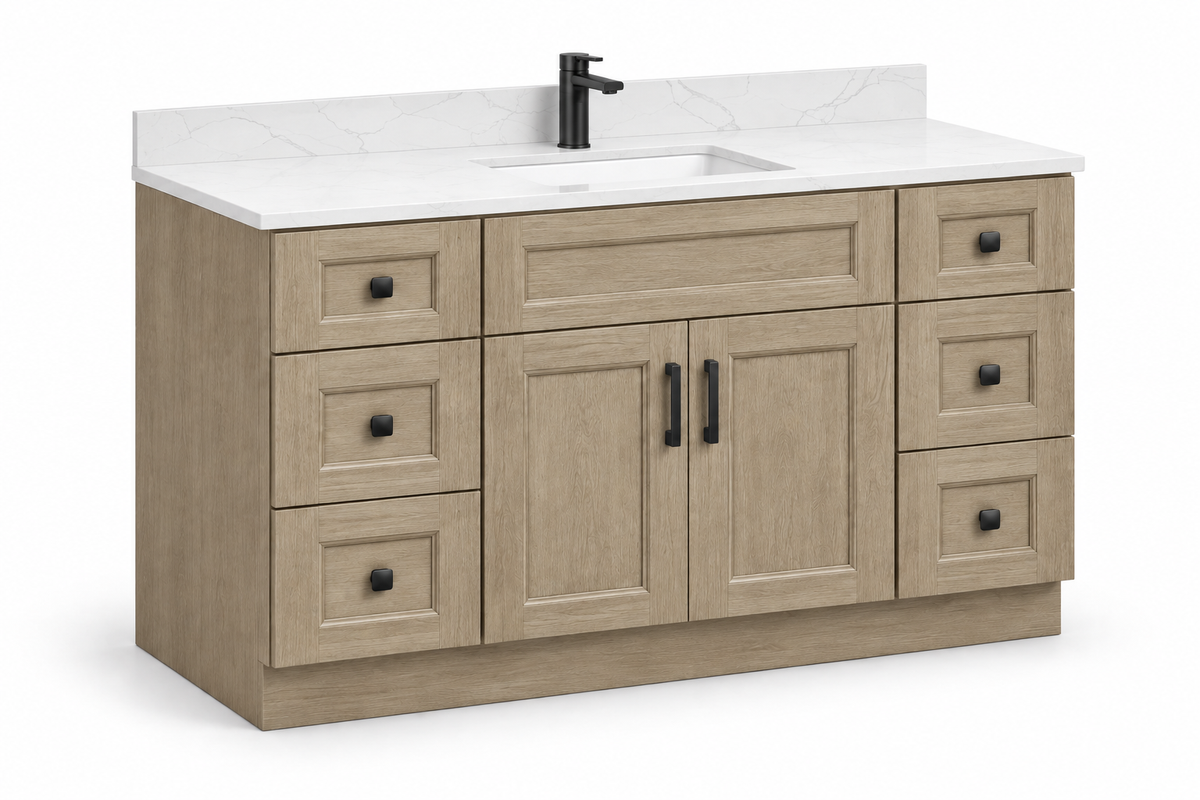 54 inch solid wood vanity, Natural Dark Shaker finish, angled view