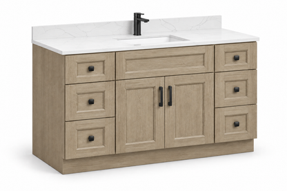 54 inch solid wood vanity, Natural Dark Shaker finish, angled view