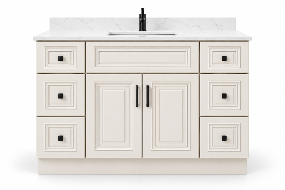 60 inch solid wood vanity, Ivory White Classic finish, front hero