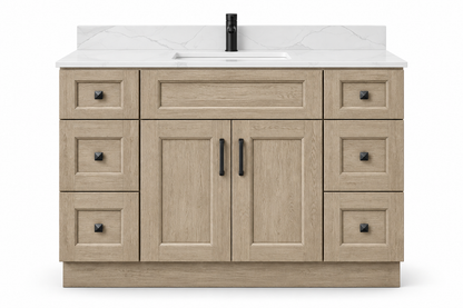 60 inch solid wood vanity, Natural Dark Shaker finish, front hero