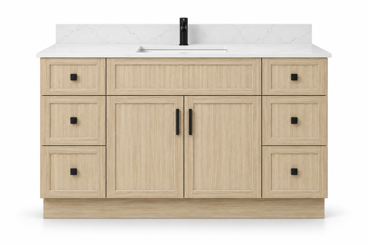 60 inch solid wood vanity, Natural Slim Shaker finish, front hero