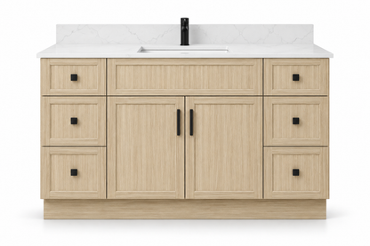60 inch solid wood vanity, Natural Slim Shaker finish, front hero
