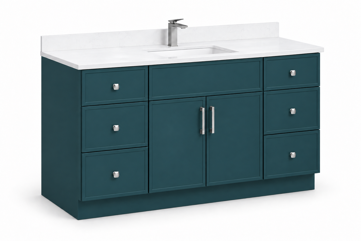 60 inch solid wood vanity, Slim Shaker Green finish, angled view