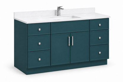 60 inch solid wood vanity, Slim Shaker Green finish, angled view