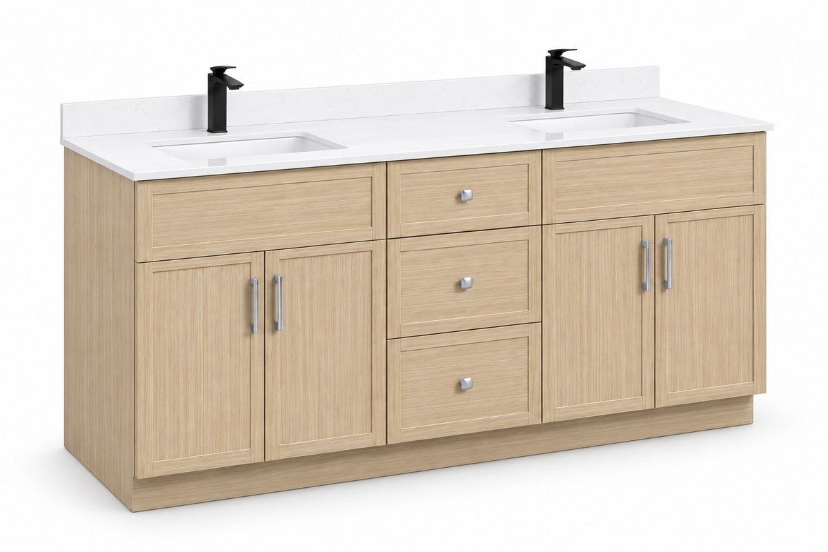 72 inch double-sink solid wood vanity, Natural Slim Shaker finish, angled view