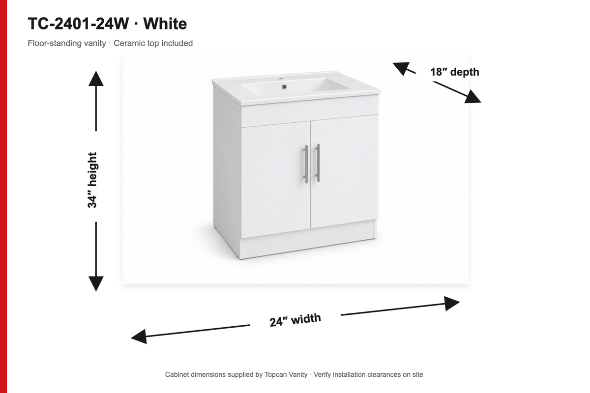 TC-2401 24" High-Gloss Vanity - White - Dimensions