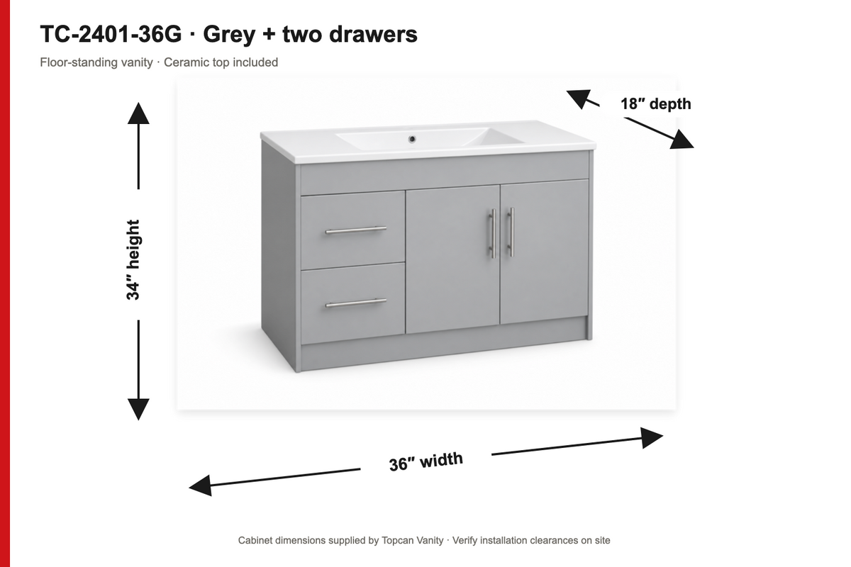 TC-2401 36" High-Gloss Vanity - Grey - Dimensions