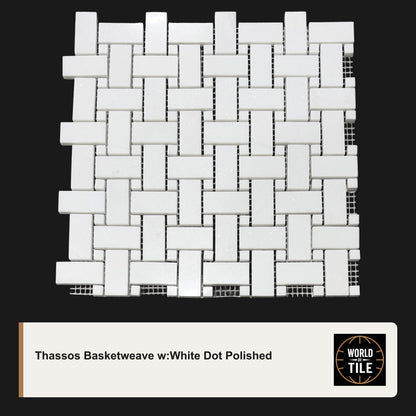 Thassos Basketweave w/White Dot Marble Mosaic - Polished