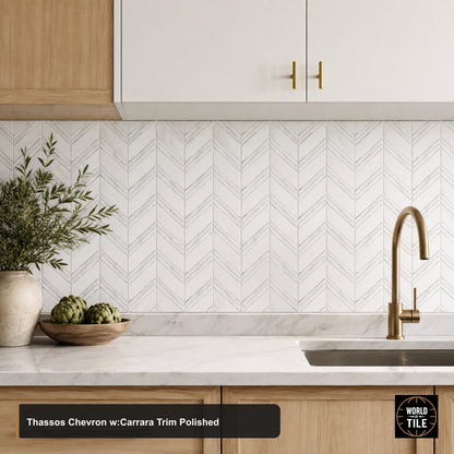 Thassos Chevron w/Carrara Trim Marble Mosaic - Polished