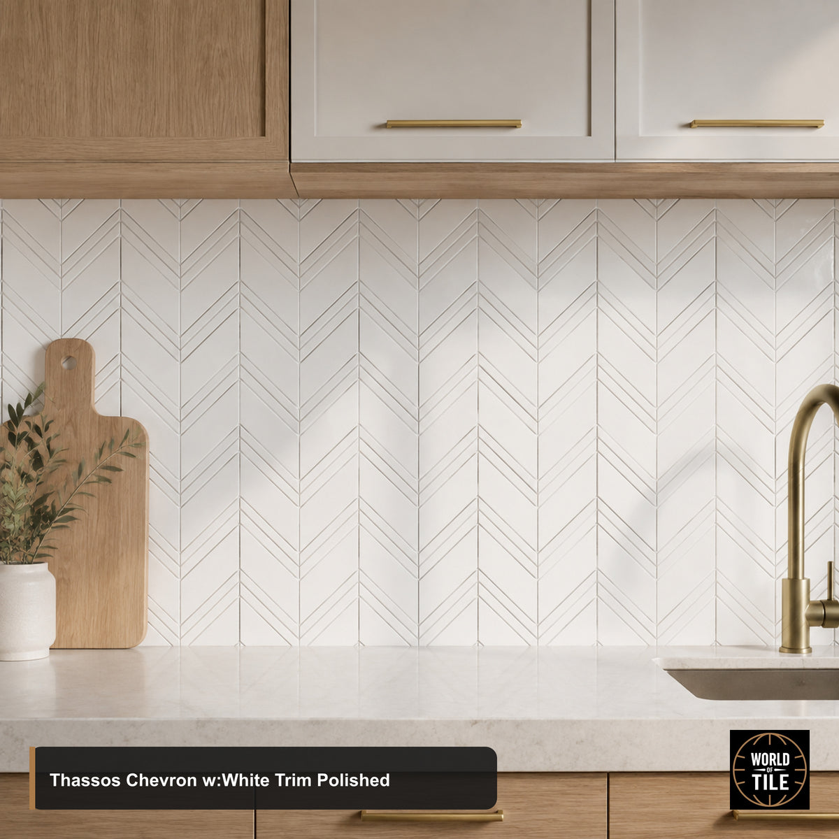 Thassos Chevron w/White Trim Marble Mosaic - Polished