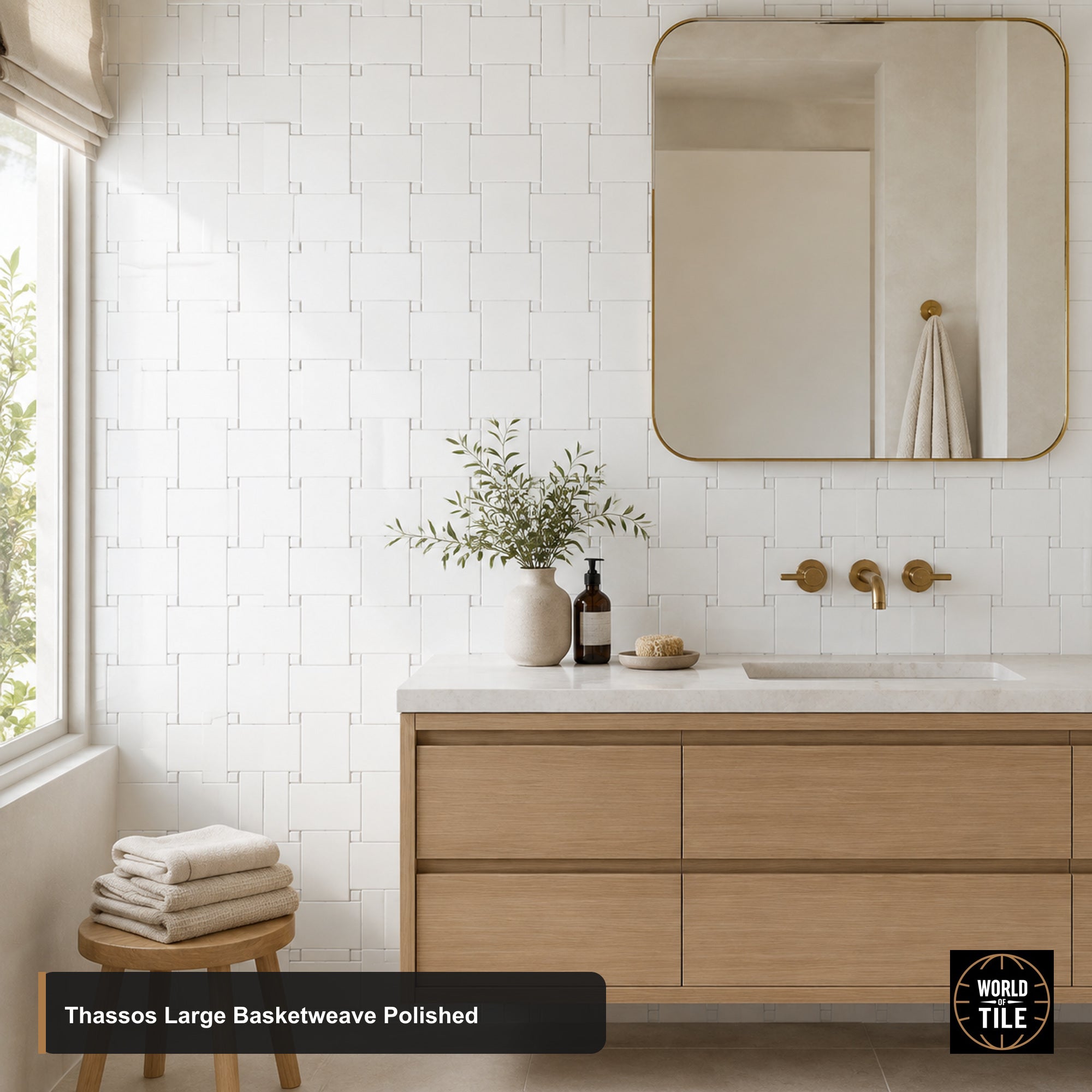 Thassos Large Basketweave Marble Mosaic - Polished