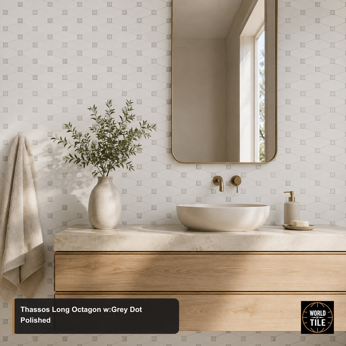 Thassos Long Octagon w/Grey Dot Marble Mosaic