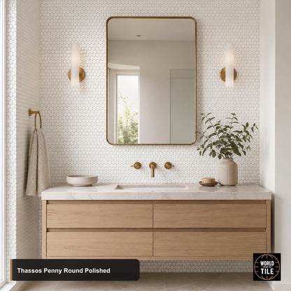 Thassos Penny Round Marble Mosaic - Polished