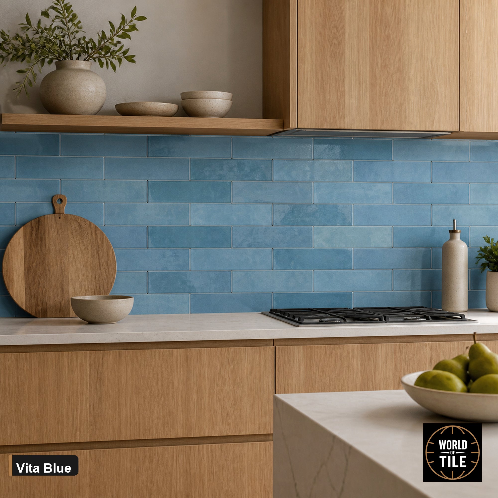 Vita Blue Gloss subway tile installed as a kitchen backsplash
