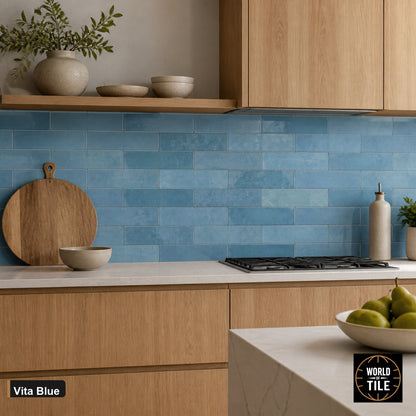 Vita Blue Gloss subway tile installed as a kitchen backsplash