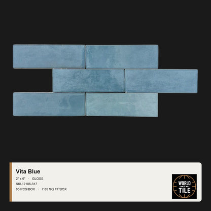 Vita Blue Gloss 2" x 6" ceramic subway tile