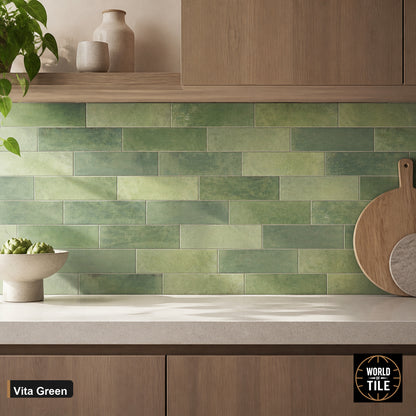 Vita Green Gloss subway tile installed as a kitchen backsplash