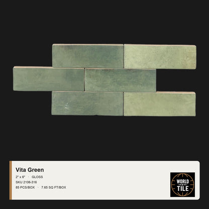 Vita Green Gloss 2" x 6" ceramic subway tile