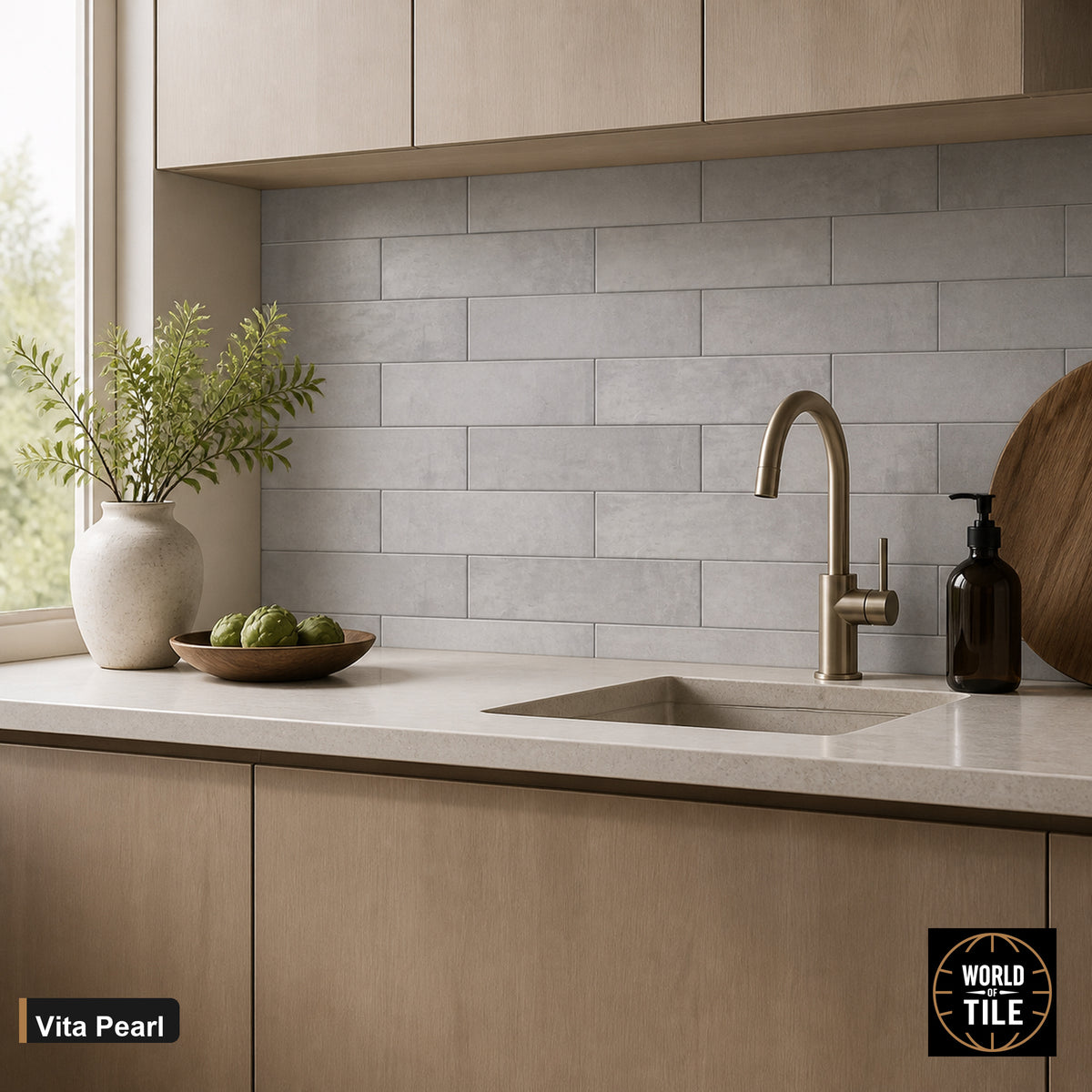 Vita Pearl Gloss subway tile installed as a kitchen backsplash