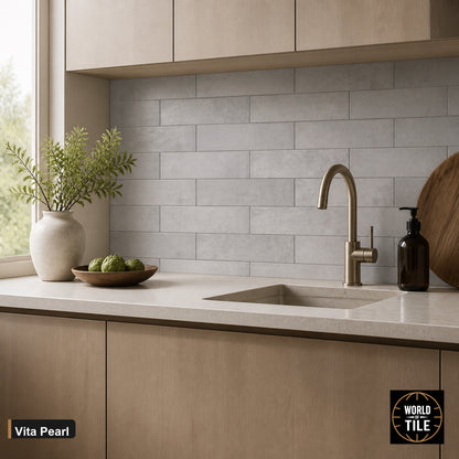 Vita Pearl Gloss subway tile installed as a kitchen backsplash