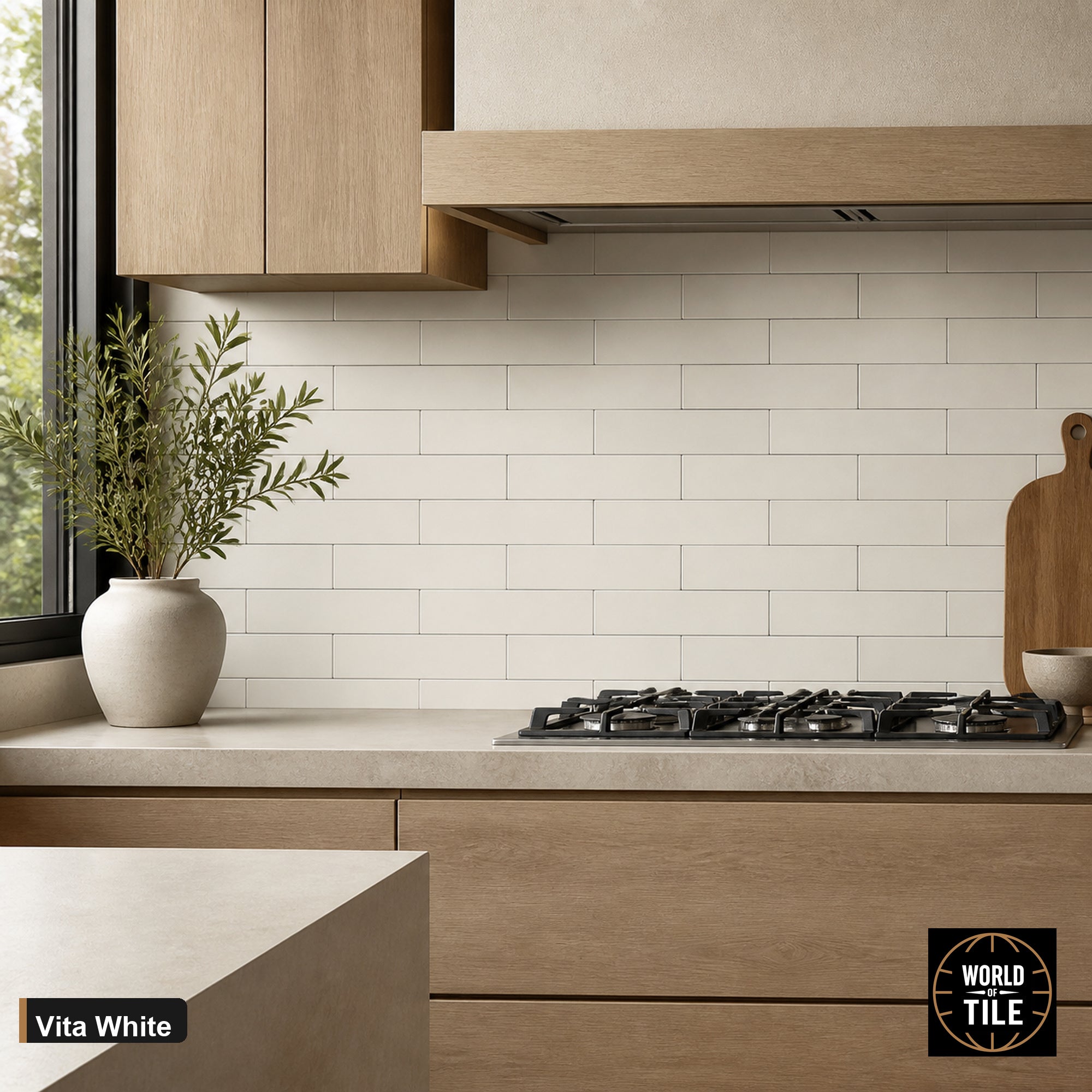 Vita White Gloss subway tile installed as a kitchen backsplash